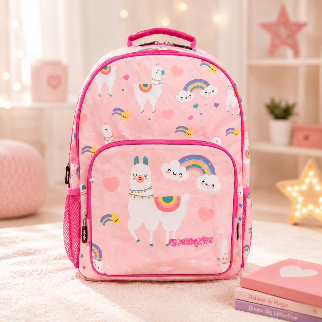 SCOOBIES Llama & Rainbow Print Kids School Backpack with Padded Straps & Side Mesh Pockets | Pink