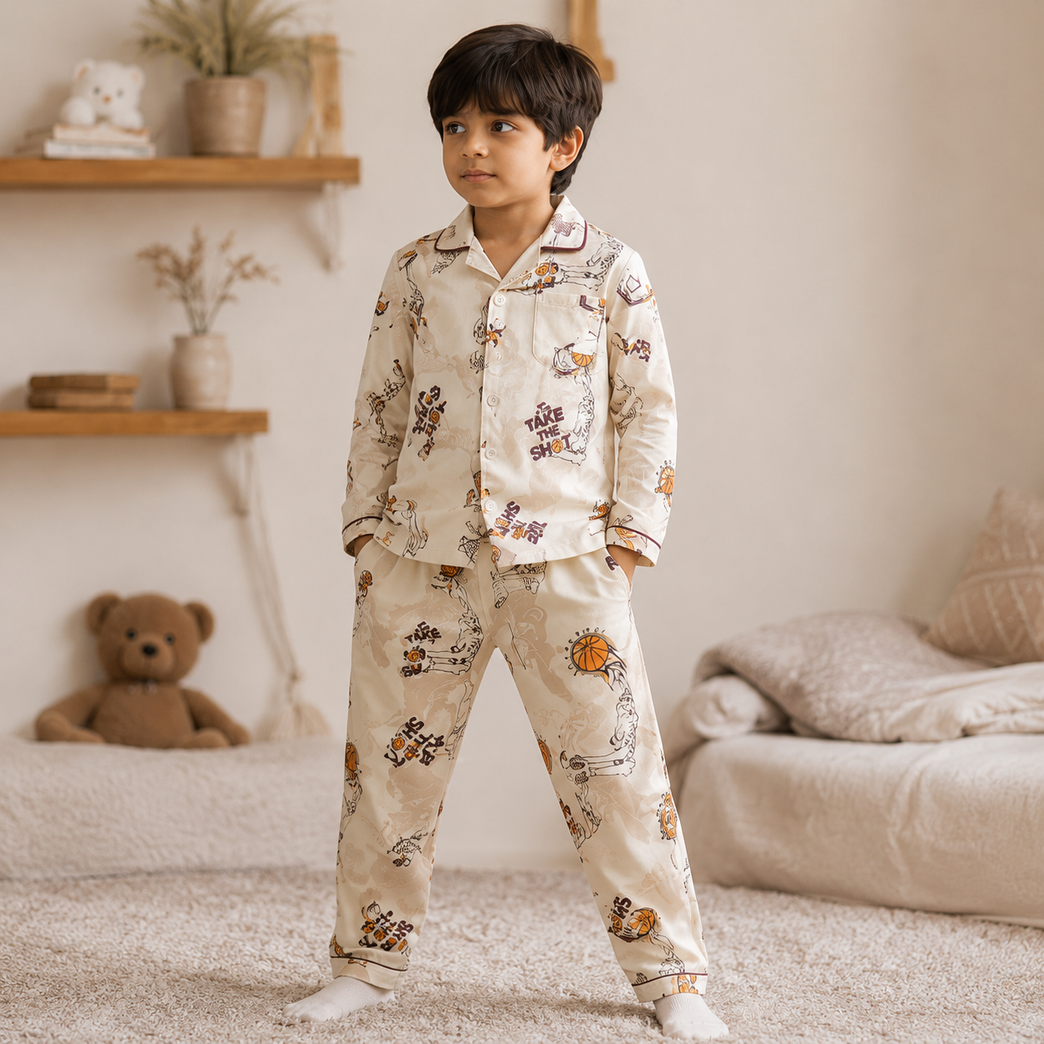DOREME Premium Kids Basketball Print Cotton Night Suit Set | Half Sleeve Shirt & Pyjama Co-ord Sleepwear for Boys