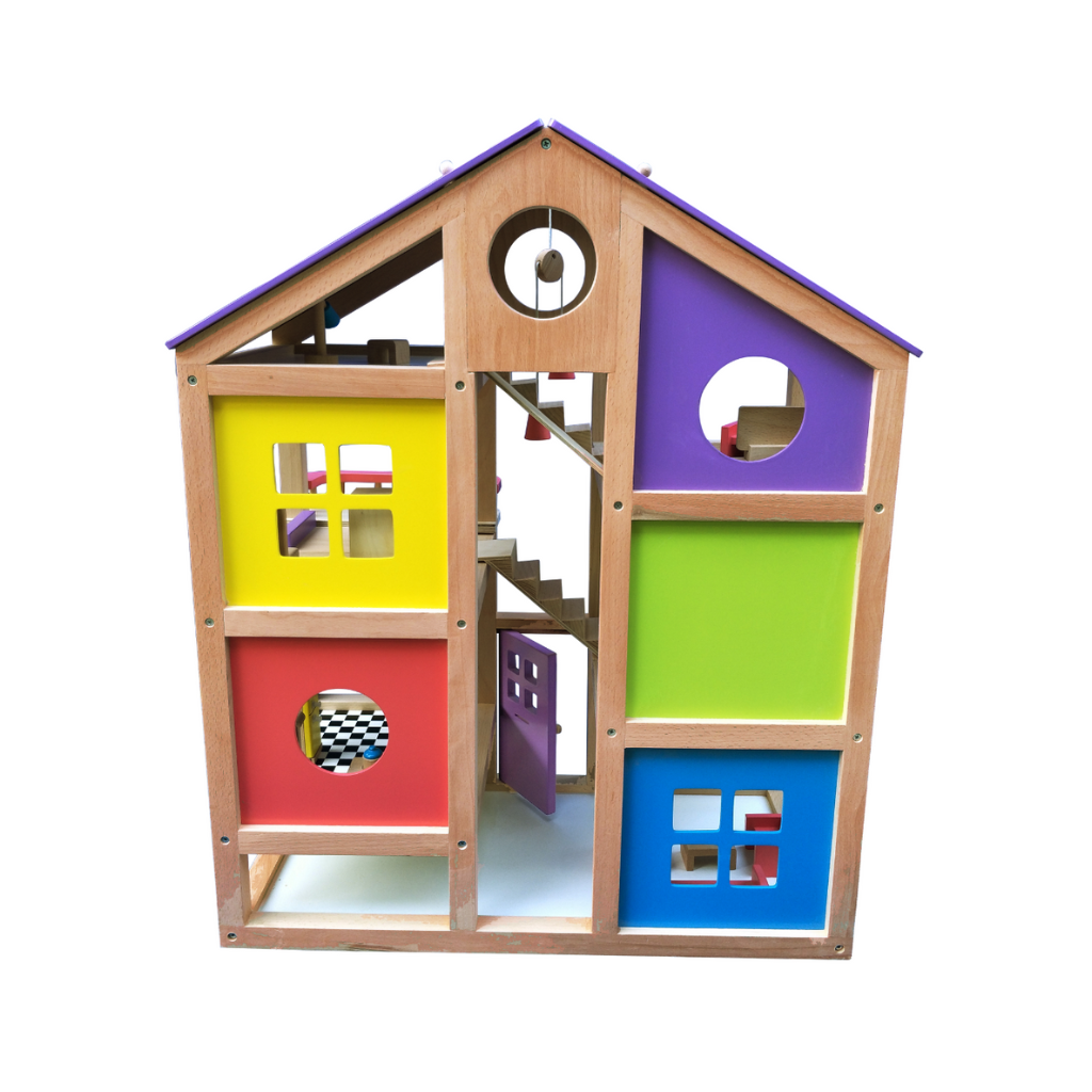 Hilife Premium Wooden Doll House for Kids – Multi-Level Playhouse with Furniture & Accessories | Eco-Friendly Wooden Pretend Play Toy for Girls & Boys | Montessori Role-Play Learning Toy