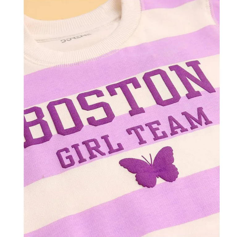 Doreme - Terry Knit Full Sleeves Sweatshirt with Stripes & Text Print