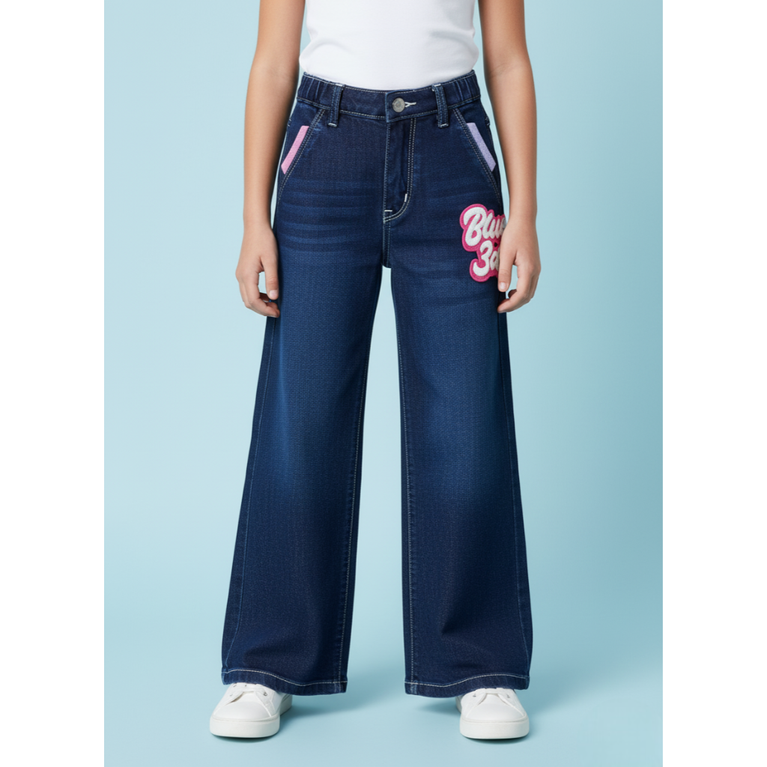 London Street-Girls’ Wide-Leg Denim Trousers with Fun Appliqué & back side Stripes
