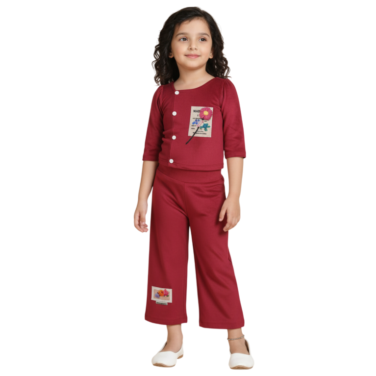 Iris Castle- Girls Maroon Solid Cropped Top with Wide-Leg Palazzo/Culottes Co-ord Set