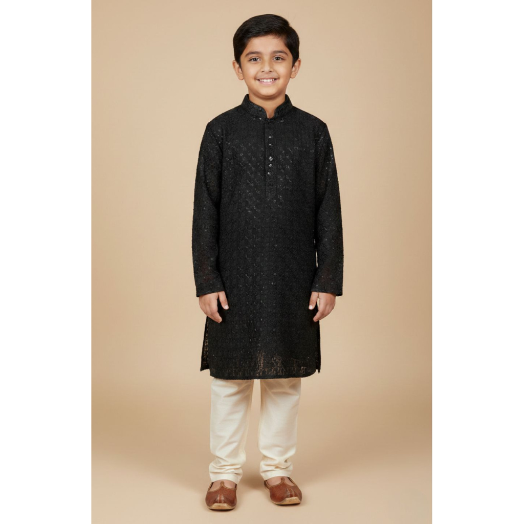 Boys Black Embroidered Chikankari Kurta with Cream Pajama Set - 2 Piece Festive Ethnic Outfit
