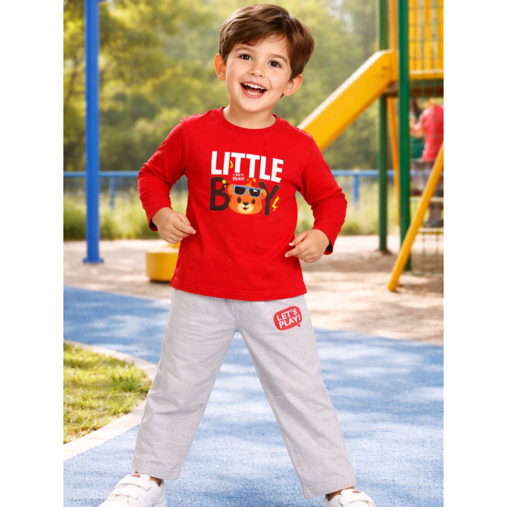 Ninos 100% Cotton Knit Full Sleeves " Little Boy " Printed T-shirt and Pant Set for boys