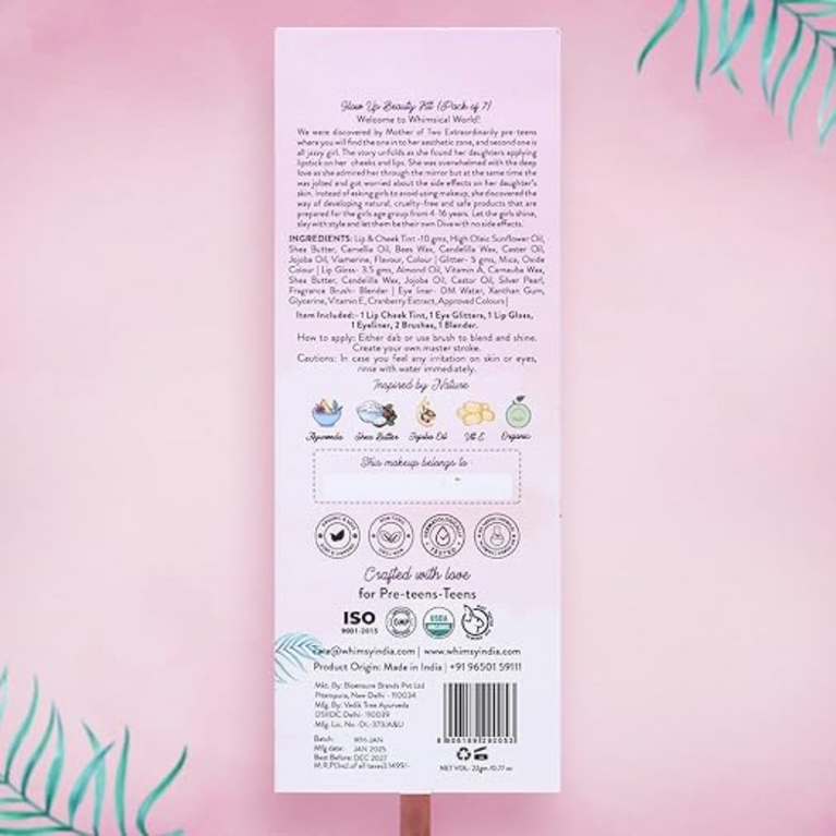 Whimsy 7-Piece Organic Makeup Kit for Girls & Teens |Real & Skin-Friendly Beauty Set for Kids 4-16 years