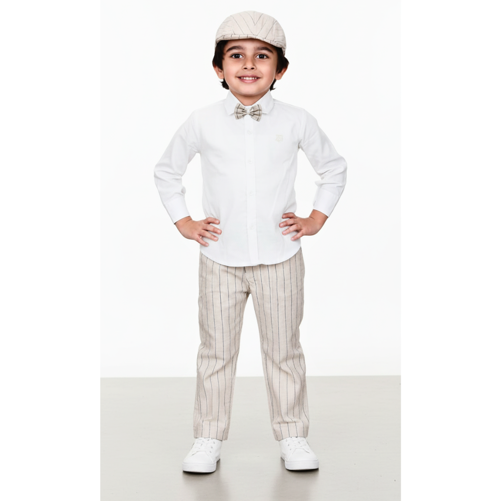 Boys’ Classic Beige Pinstripe 3-Piece Outfit with Cap & Bow Tie Set
