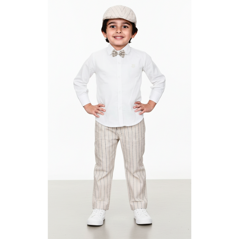 Boys’ Classic Beige Pinstripe 3-Piece Outfit with Cap & Bow Tie Set