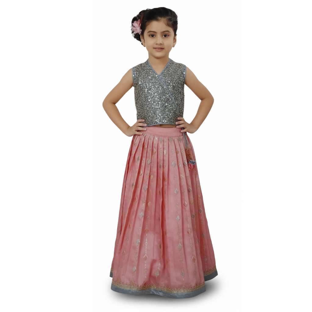 DIVA Girls Silver Sequin Crop Top & Dusty Pink Lehenga Set – Festive & Party Wear