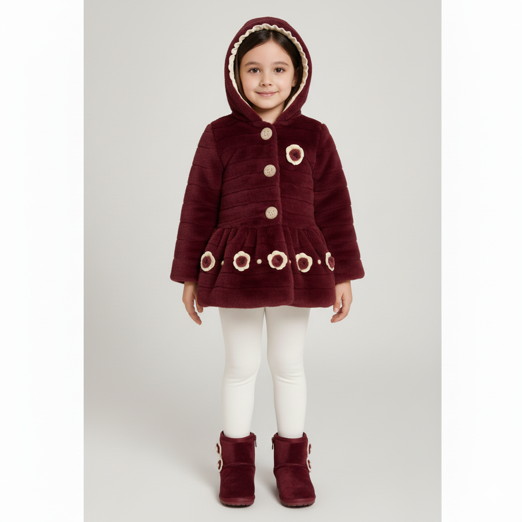 Kittens-Girls Deep Maroon Faux Fur Hooded Coat with Flower Appliqués