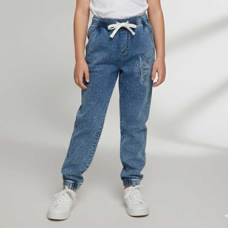 Hamleys-Girls' Denim Jogger Pants with Snow Wash and Graphic Print For Kids