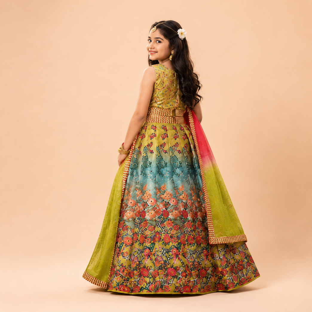 Girls Floral Printed Embroidered Lehenga Choli Set with Dupatta | Festive & Wedding Wear
