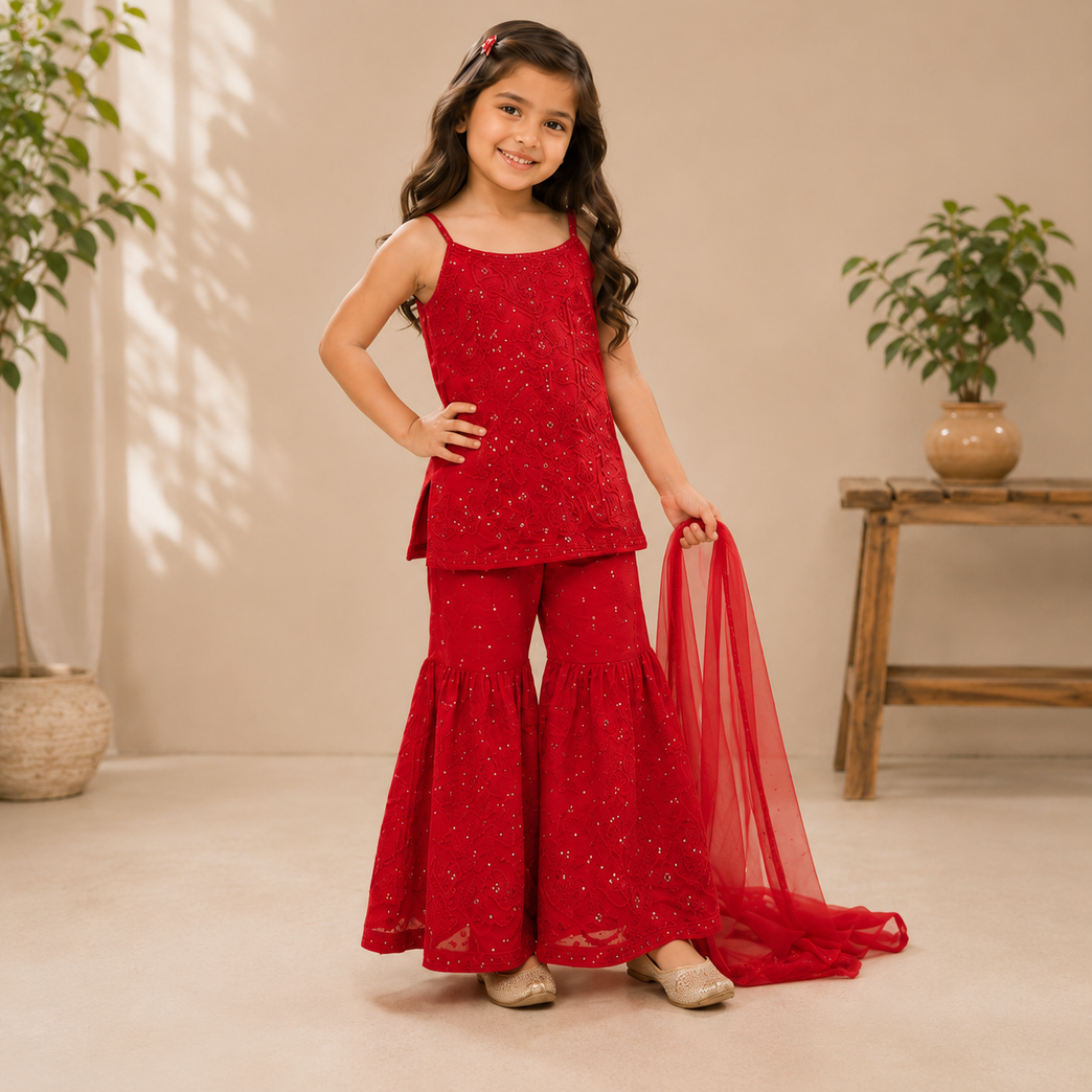 Chikankari Embroidered Sharara Set with Soft Dupatta | Ethnic Party Wear | Festive Outfit for Kids