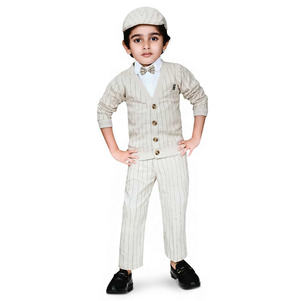 Boys’ Classic Beige Pinstripe 3-Piece Outfit with Cap & Bow Tie Set