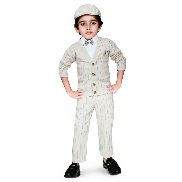 Boys’ Classic Beige Pinstripe 3-Piece Outfit with Cap & Bow Tie Set