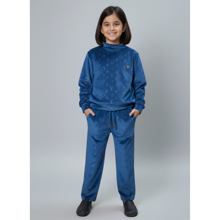 Girlyy - Kids' Full Sleeves Luxury Monogram Velvet Tracksuit – Velour Crewneck Sweatshirt and Joggers Set
