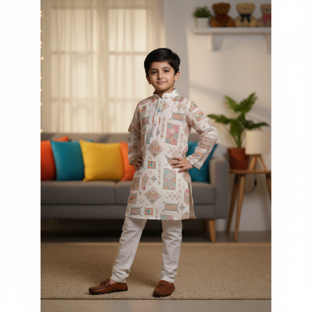 NINOS Boys Off-White Multi-Color Printed Kurta Pajama Set – Festive & Ethnic Wear for Kids