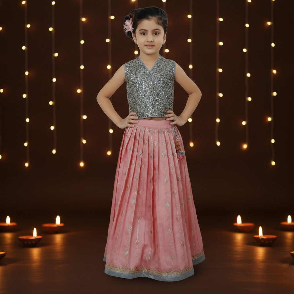 DIVA Girls Silver Sequin Crop Top & Dusty Pink Lehenga Set – Festive & Party Wear