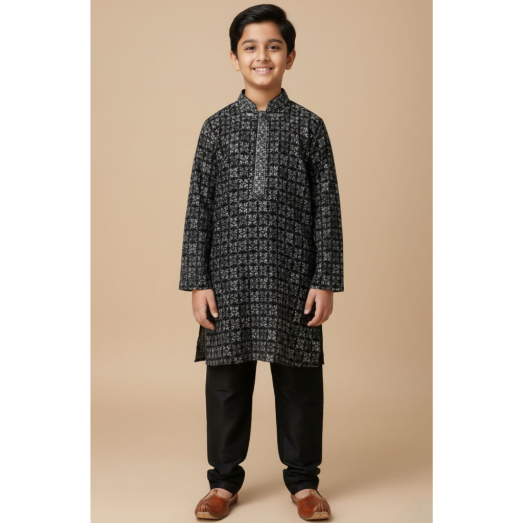 Boys Ethnic Wear Set - Black Toned Printed Kurta with Straight Fit Pajamas