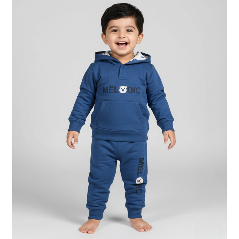 Doreme- Cotton Knit Full Sleeves Baby Apex Hoodie Co-Ord Set With Text Print