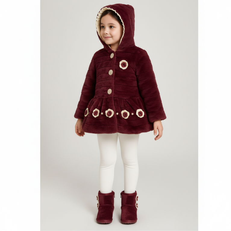 Kittens-Girls Deep Maroon Faux Fur Hooded Coat with Flower Appliqués