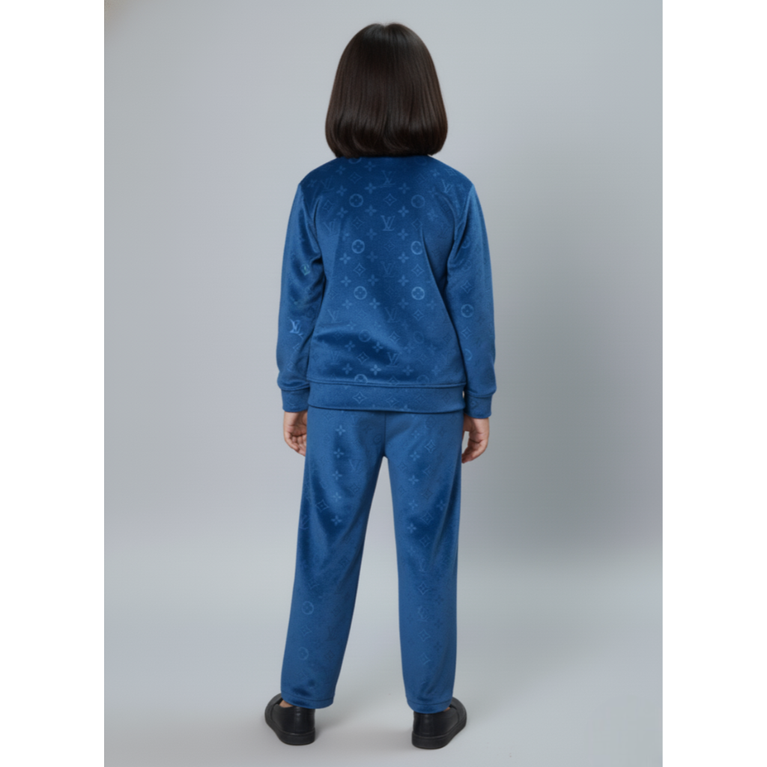 Girlyy - Kids' Full Sleeves Luxury Monogram Velvet Tracksuit – Velour Crewneck Sweatshirt and Joggers Set