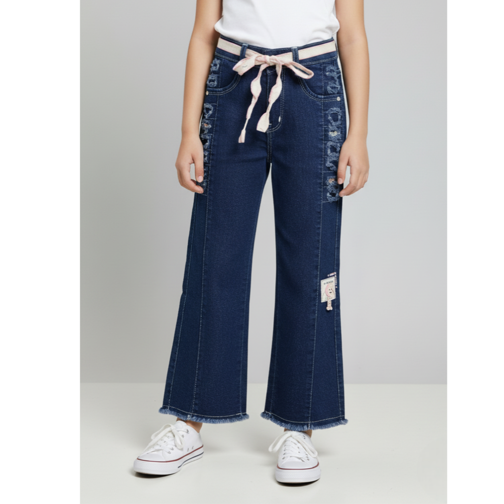 London Street-Girls’ Trendy Wide-Leg Denim Jeans with Pink/White Belt