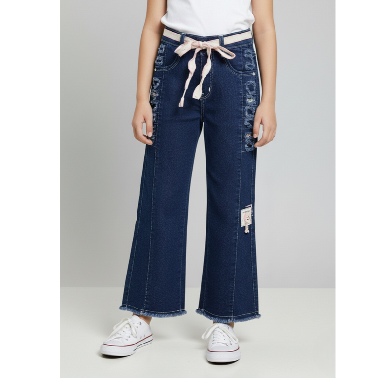 London Street-Girls’ Trendy Wide-Leg Denim Jeans with Pink/White Belt