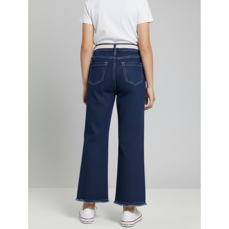 London Street-Girls’ Trendy Wide-Leg Denim Jeans with Pink/White Belt