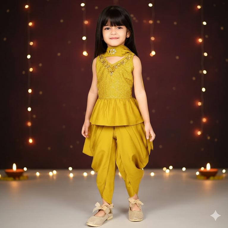 Ethnic Printed Low to High Kurta with Dhoti Pant & Dupatta Set for Girls
