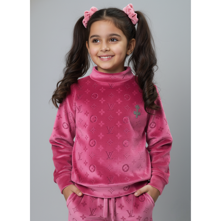 Girlyy - Kids' Full Sleeves Luxury Monogram Velvet Tracksuit – Velour Crewneck Sweatshirt and Joggers Set