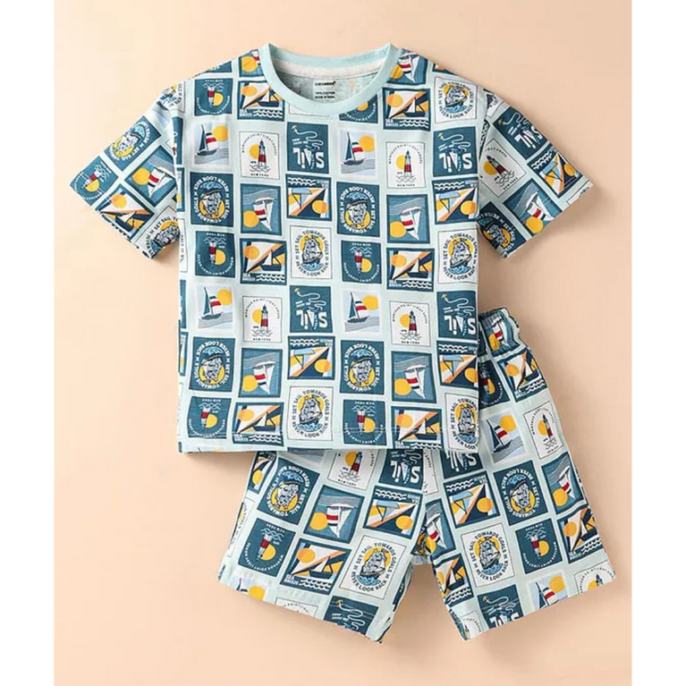 CUCUMBER Sinker Knit Half Sleeves T-Shirt & Shorts Set with Graphics Print