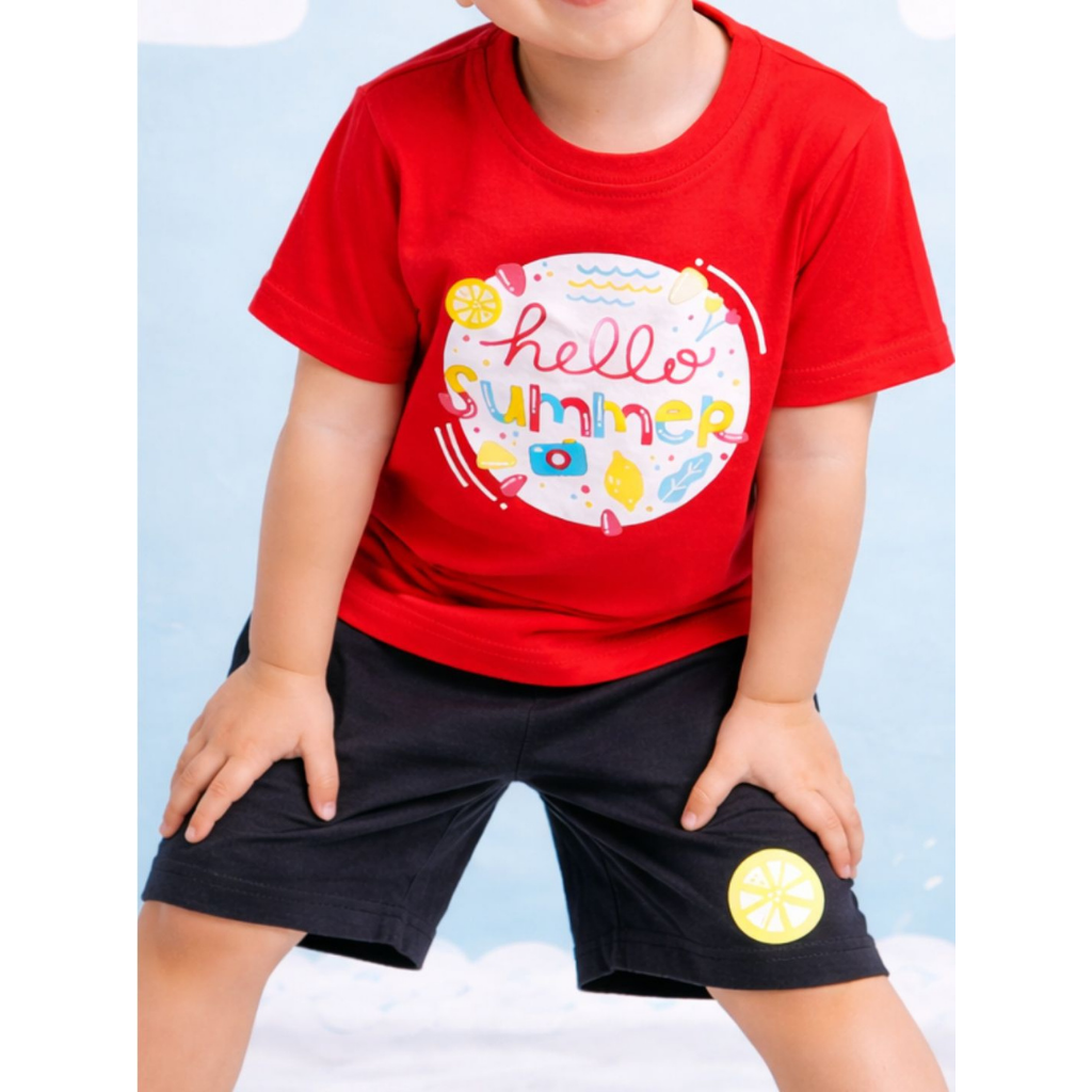 Ninos 100% Cotton Knit Half Sleeves "Hello Summer" Printed Coordinating Tee & Shorts Set