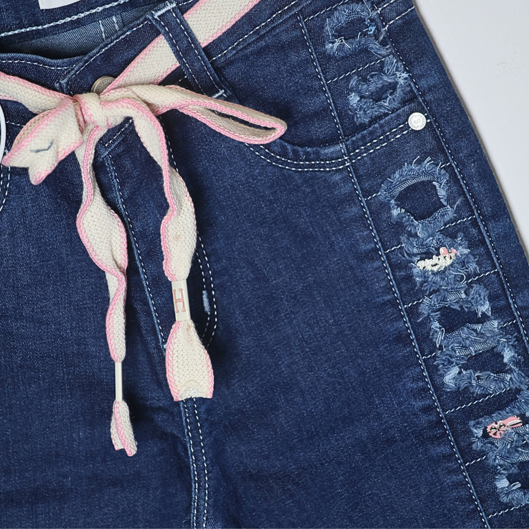 London Street-Girls’ Trendy Wide-Leg Denim Jeans with Pink/White Belt
