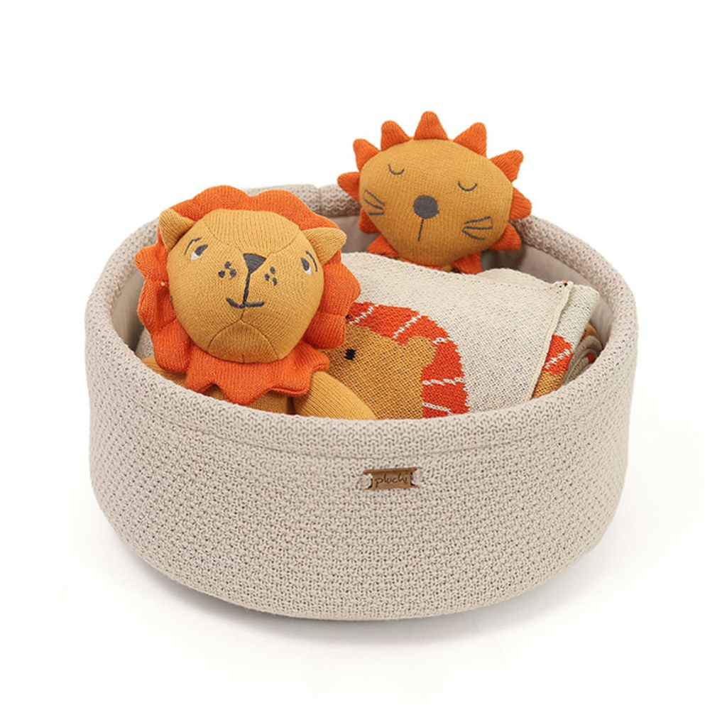 Leo Gift Basket (Set of 4 pcs - Storage Basket, Knitted Baby Blanket, Soft Toy, and Rattle)