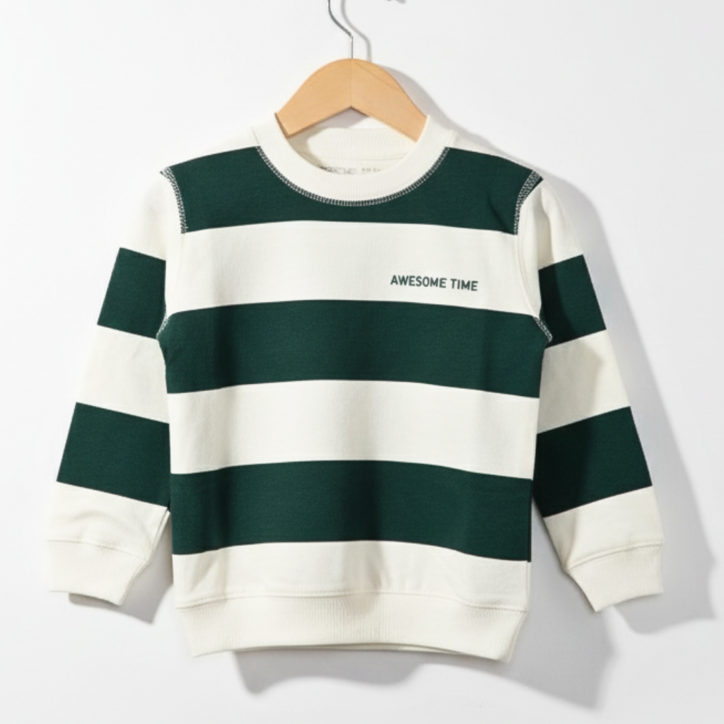 Doreme - Terry Knit Full Sleeves Sweatshirt with Stripes & Text Print