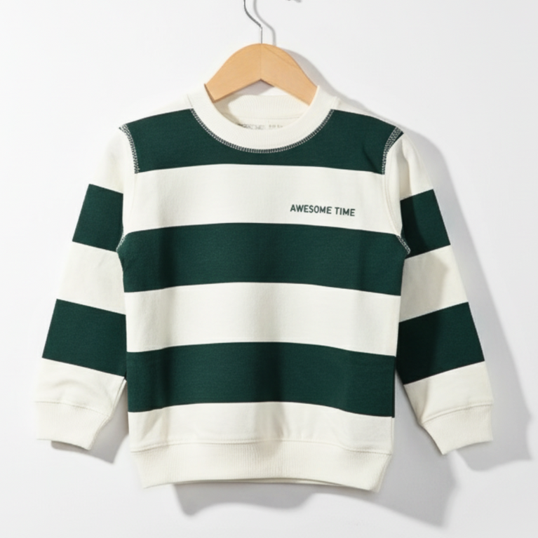 Doreme - Terry Knit Full Sleeves Sweatshirt with Stripes & Text Print