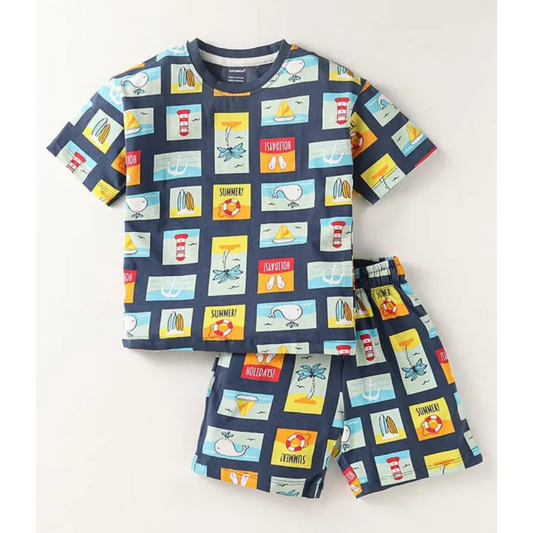 CUCUMBER Sinker Knit Half Sleeves T-Shirt & Shorts Set with Graphics Print