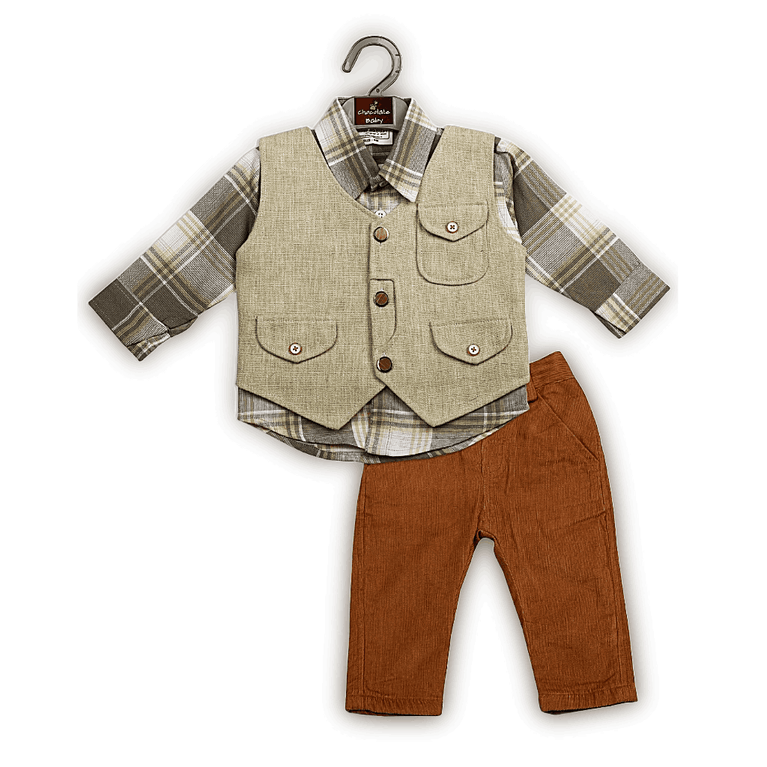 Boys Full Sleeves Checkered Shirt & Trouser with Waist Coat Set