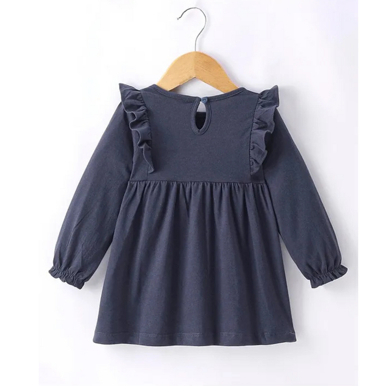 Solid Round Neck Casual Full Sleeves Baby Regular Fit Dress