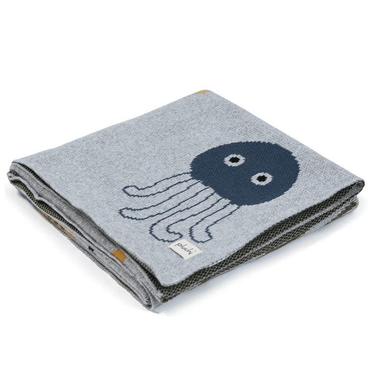 PLUCHI-BABY BLANKET WONDER OF THE SEA Soft Grey Melange & Multi Color Cotton Knitted Ac Blanket For Baby / Infant / New Born For Use In All Seasons