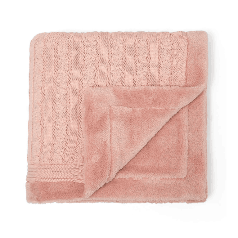 PLUCHI-BABY BLANKET Baby Pink Cotton Knitted Blanket With Faux Fur Back For Babies