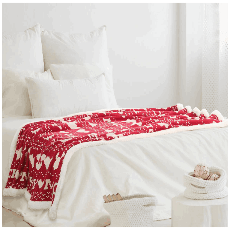 PLUCHI-AC BLANKET FAIRISLE CHRISTMAS Cotton Knitted Kids Single Bed Blanket with Warm Sherpa Fabric (4 to 14 Years)