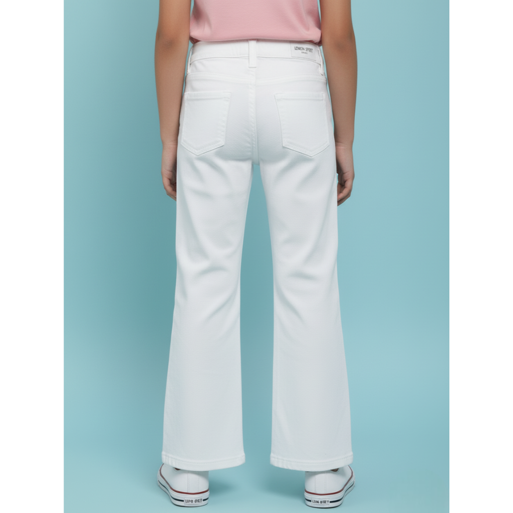 London Street Trendy Woven Full Length Flared Denim Jeans with Patch Detail - White