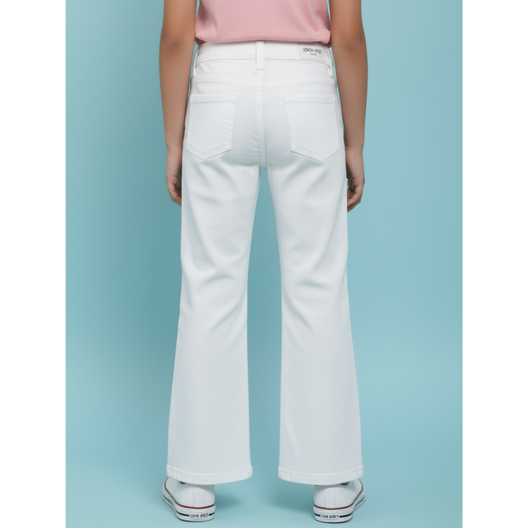 London Street Trendy Woven Full Length Flared Denim Jeans with Patch Detail - White