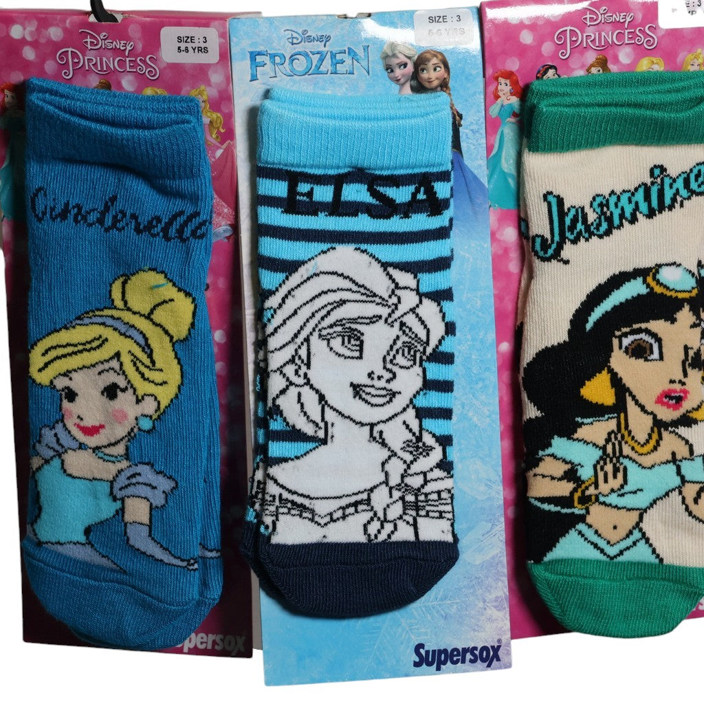 Disney Princess & Frozen Girls Cotton Ankle Socks | Cinderella, Elsa & Jasmine | Soft Breathable Kids Socks | 3-4 YEAR