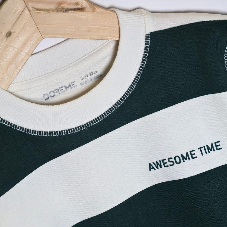 Doreme - Terry Knit Full Sleeves Sweatshirt with Stripes & Text Print