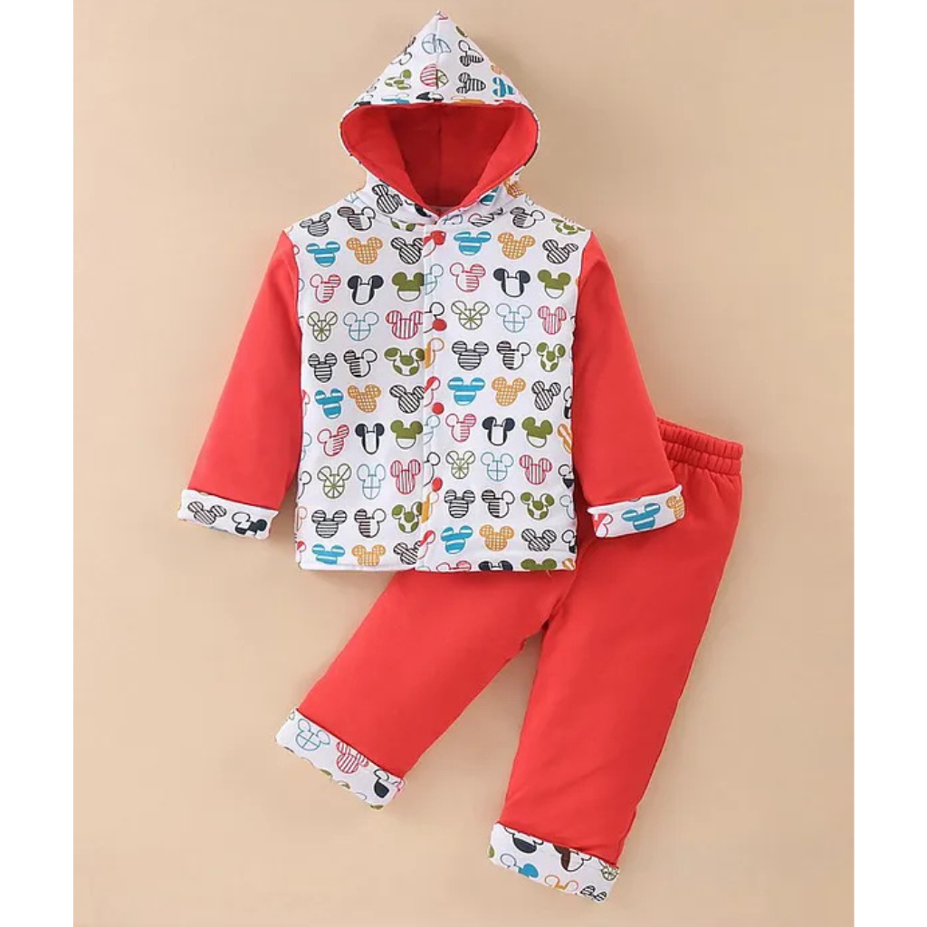 Doreme- Interlock Cotton Full Sleeves Hooded Winter Wear Padded Suits Mickey Print