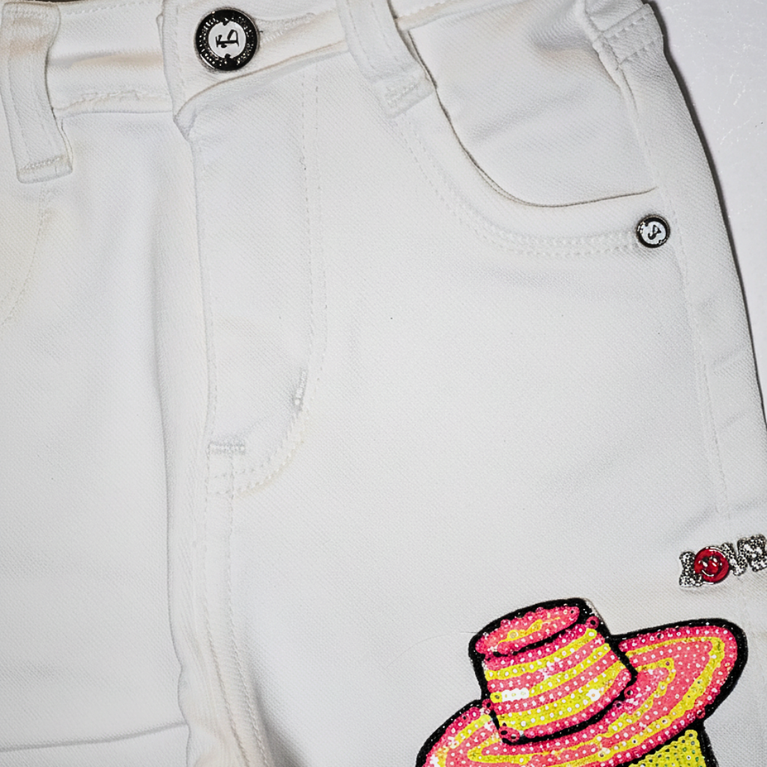 London Street Trendy Woven Full Length Flared Denim Jeans with Patch Detail - White