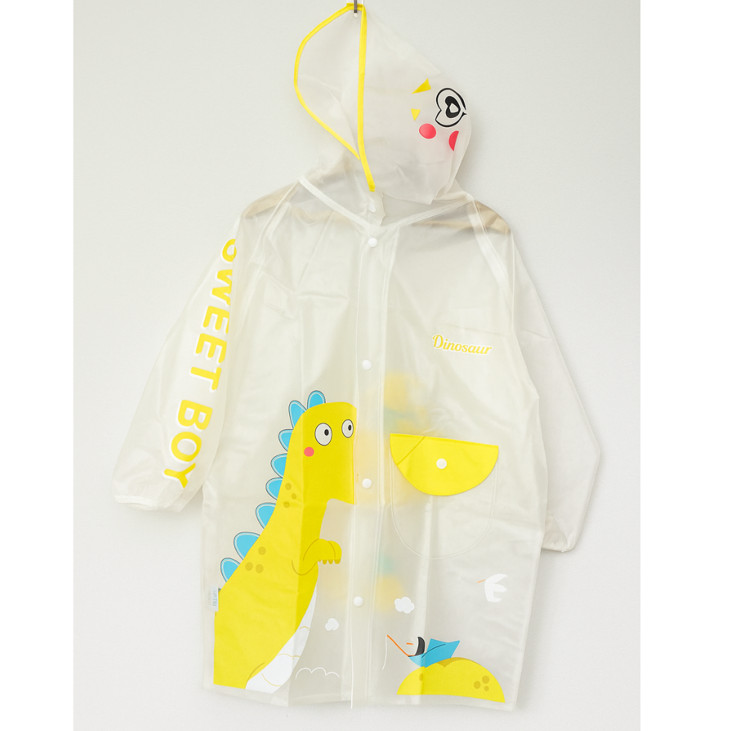 Ninos- Full Sleeves Below Knee Length Dino Boat Kids Hooded Raincoat - White & Yellow
