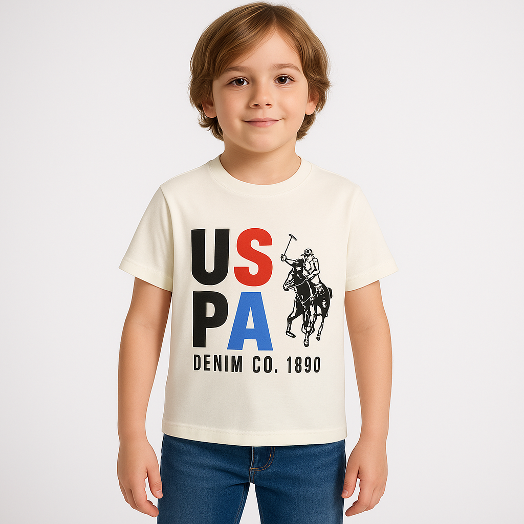 U.S POLO Kids Cotton Knit Half Sleeves Crew Neck T-Shirt with USPA Text Print , 2-11 years